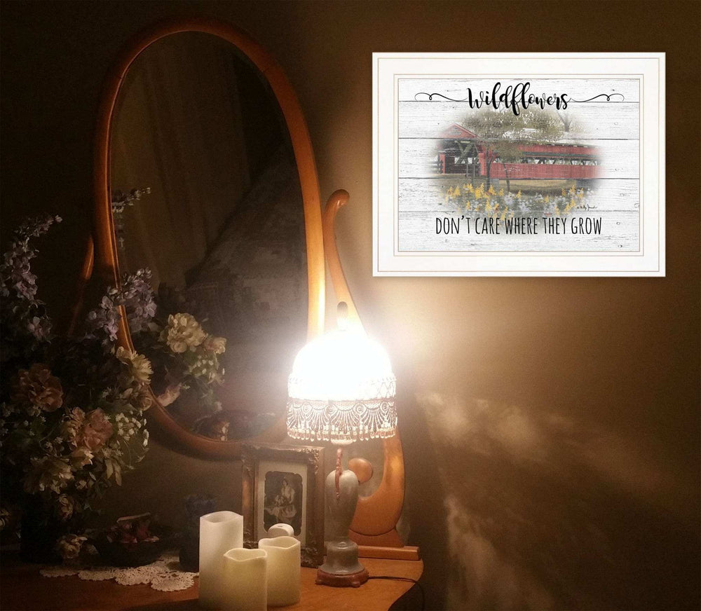 Wildflowers Covered Bridge White Framed Print Wall Art - Homeroots - Flyclothing LLC