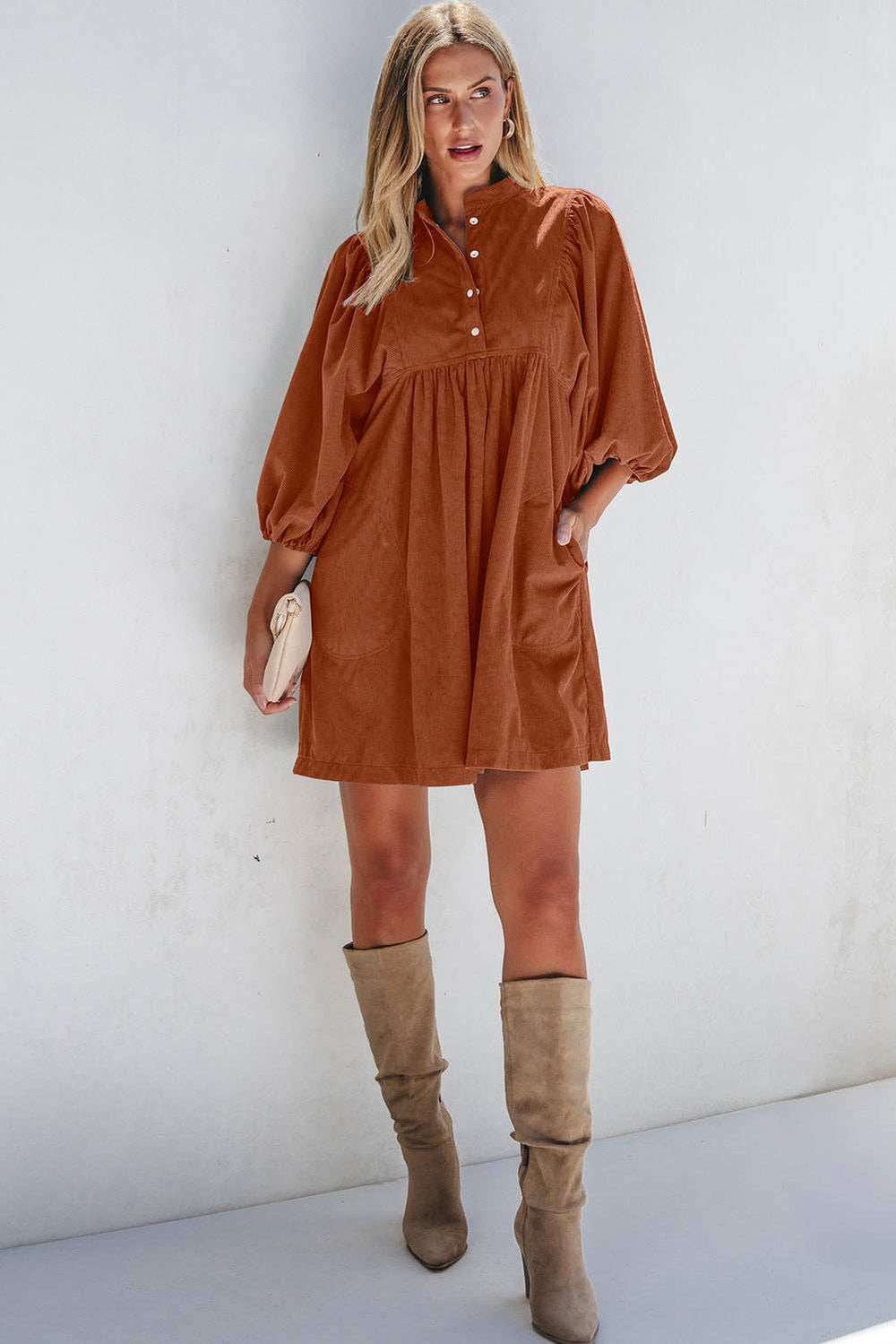 Corduroy Quarter Snap Three-Quarter Sleeve Dress - Trendsi - Flyclothing LLC