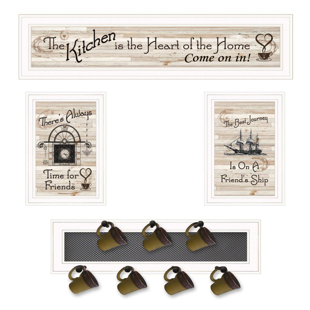 Set Of Four Kitchen Print 33x8 and Mug RackHorizonal 27x8x3 White Frame White Framed Print Kitchen Wall Art - Homeroots - Flyclothing LLC