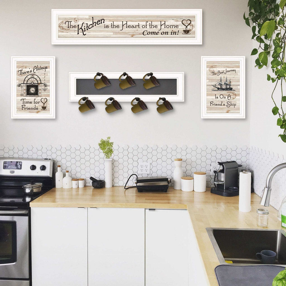 Set Of Four Kitchen Print 33x8 and Mug RackHorizonal 27x8x3 White Frame White Framed Print Kitchen Wall Art - Homeroots - Flyclothing LLC