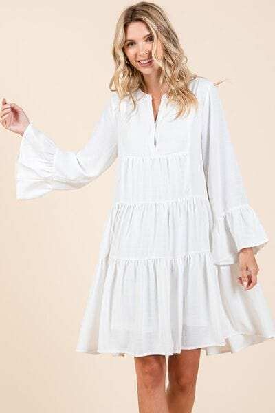 Mittoshop Tiered Notched Flare Sleeve Dress - Trendsi - Flyclothing LLC