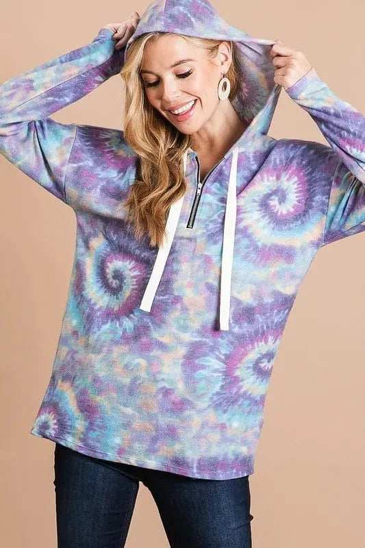 BiBi Brushed Circular Tie Dye Print Terry Hoodie - Trendsi - Flyclothing LLC