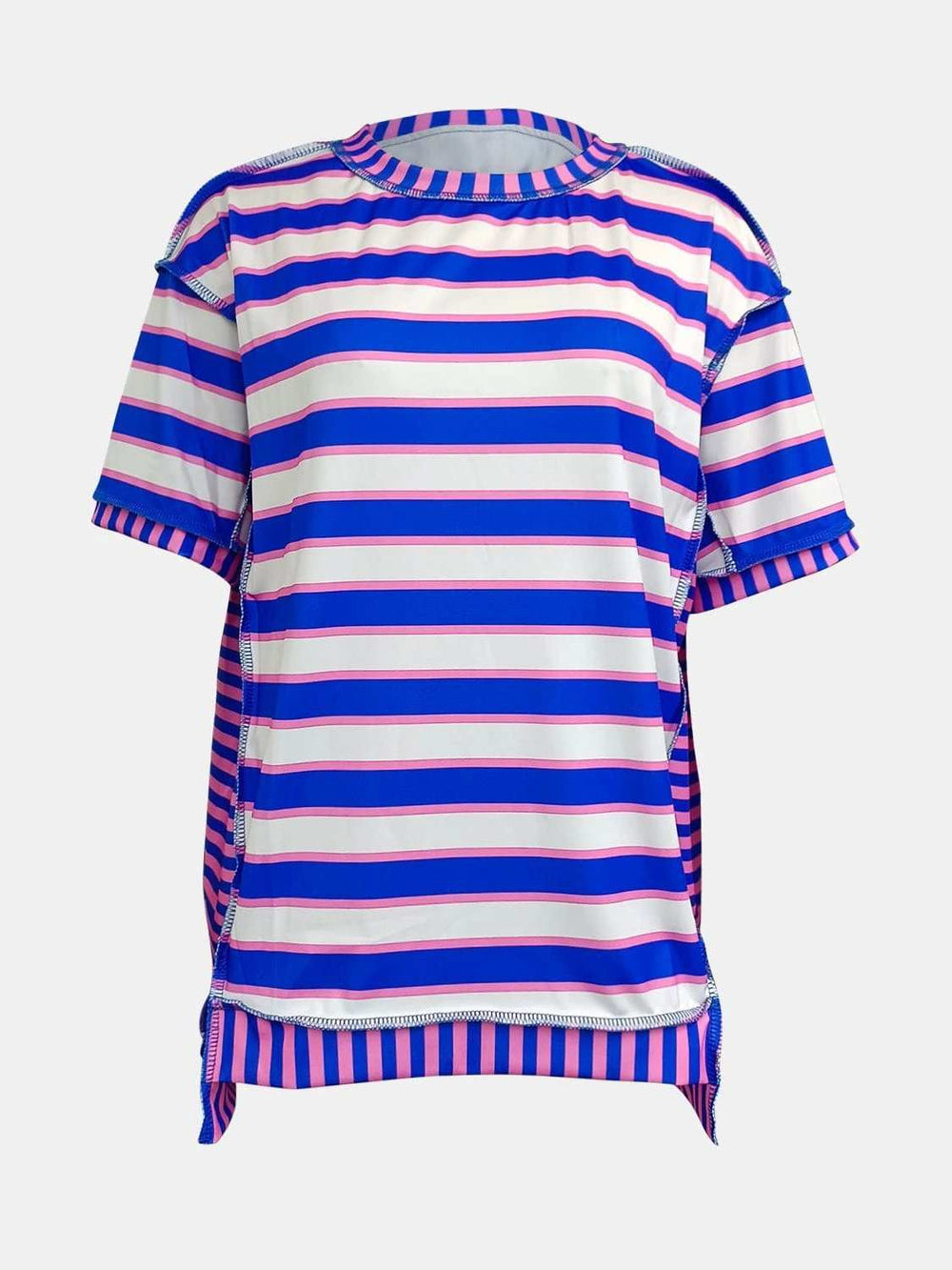 Full Size Contrast Stitching Striped Round Neck T-Shirt - Trendsi - Flyclothing LLC