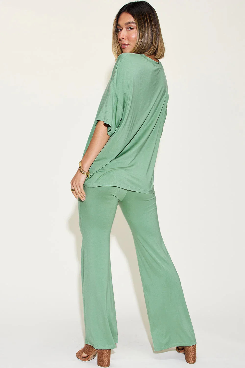 Basic Bae Full Size Bamboo Drop Shoulder T-Shirt and Flare Pants Set - ShopBasicbae - Flyclothing LLC