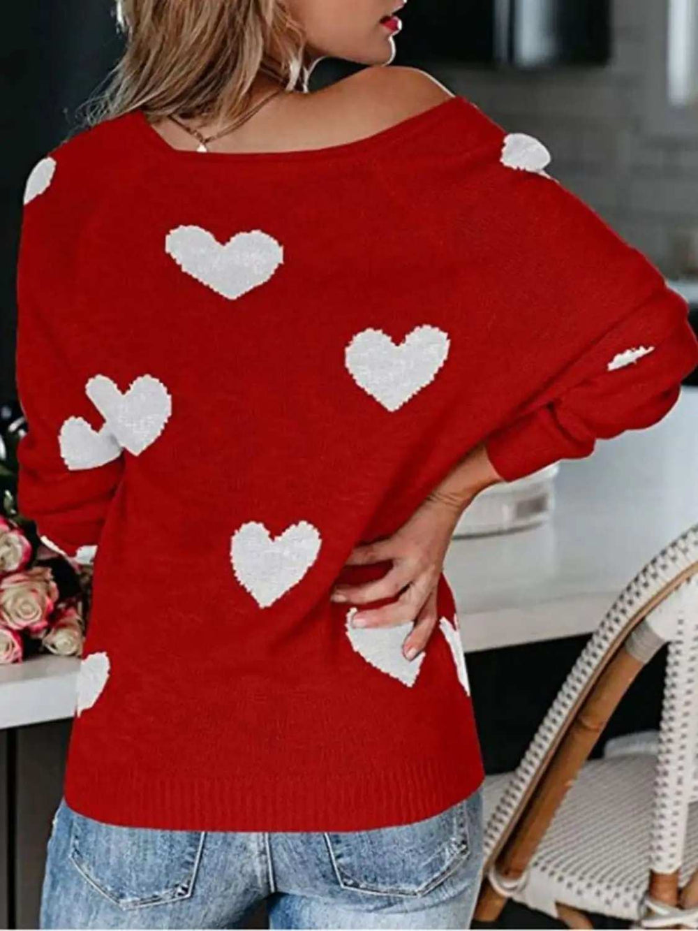 Heart Scoop Neck Long Sleeve Sweater - Trendsi - Flyclothing LLC