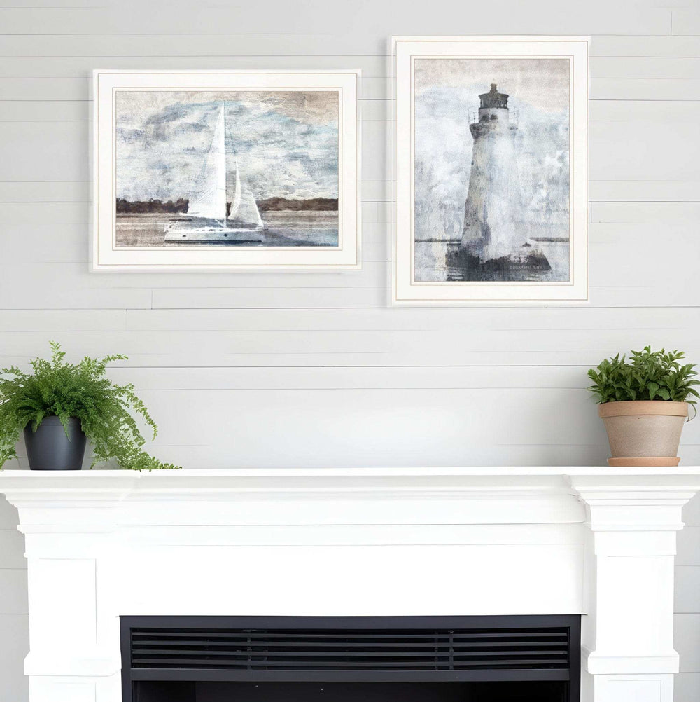 Set Of Two Lighthouse Sailboat 1 White Framed Print Wall Art - Homeroots - Flyclothing LLC