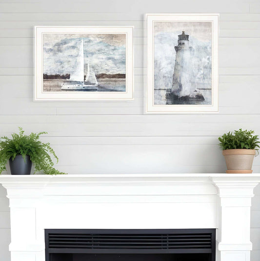 Set Of Two Lighthouse Sailboat 1 White Framed Print Wall Art - Homeroots - Flyclothing LLC