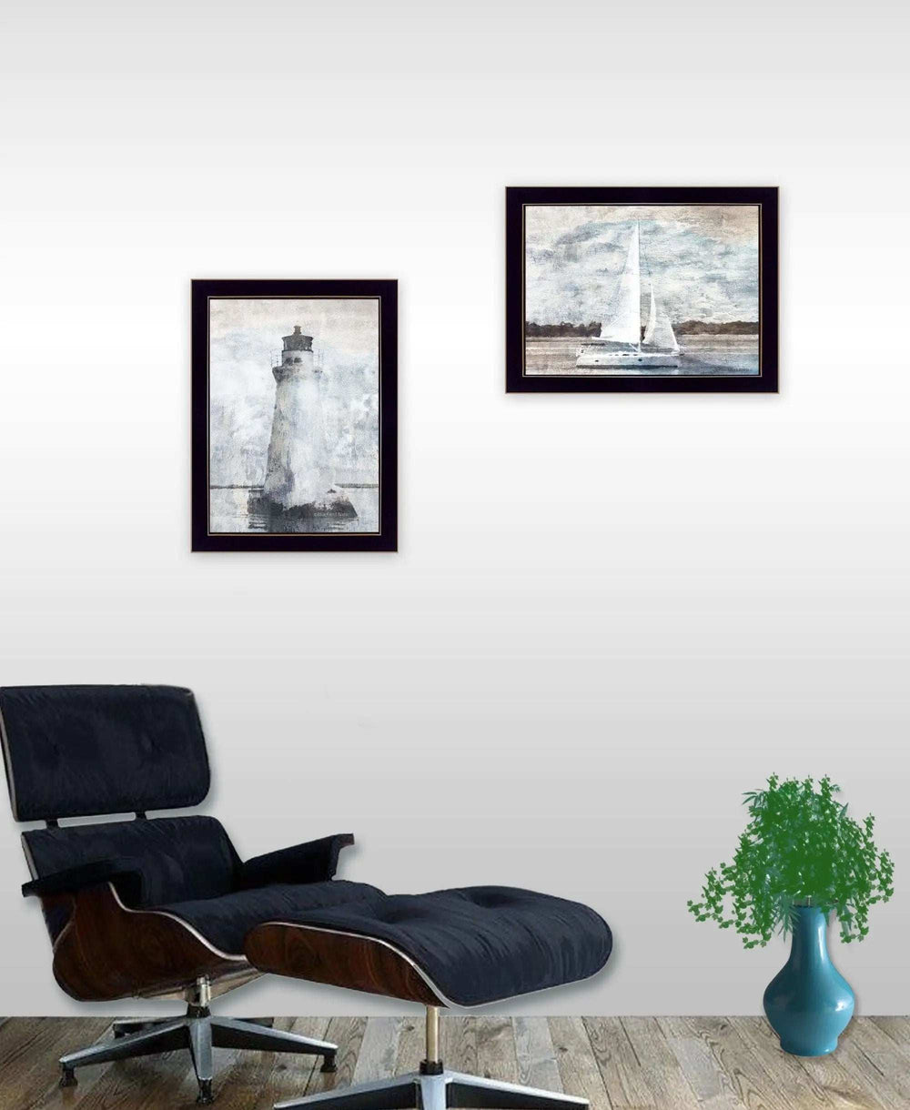 Set Of Two Lighthouse Sailboat Black Single Rim Framed Print Wall Art - Homeroots - Flyclothing LLC