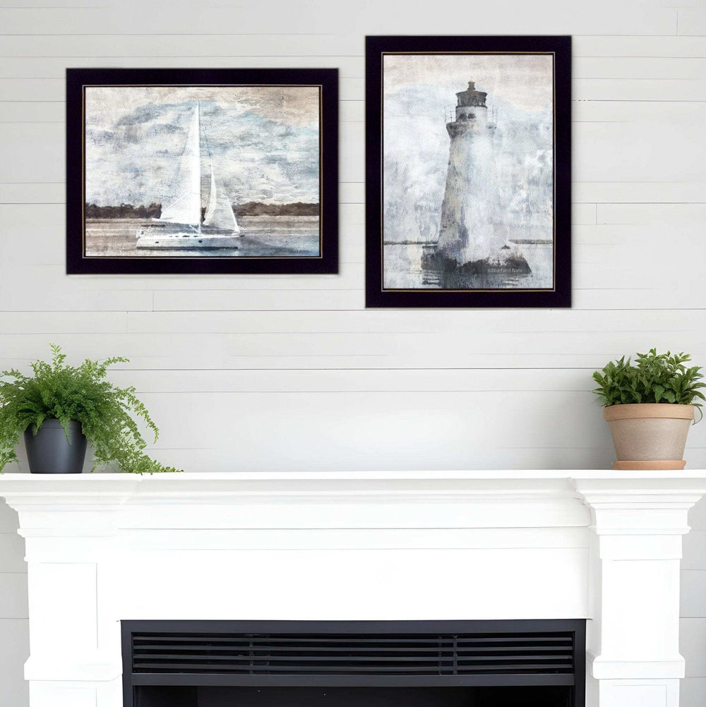Set Of Two Lighthouse Sailboat Black Single Rim Framed Print Wall Art - Homeroots - Flyclothing LLC