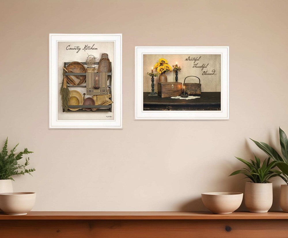 Set Of Two Grateful and Blessed White Framed Print Kitchen Wall Art - Homeroots - Flyclothing LLC