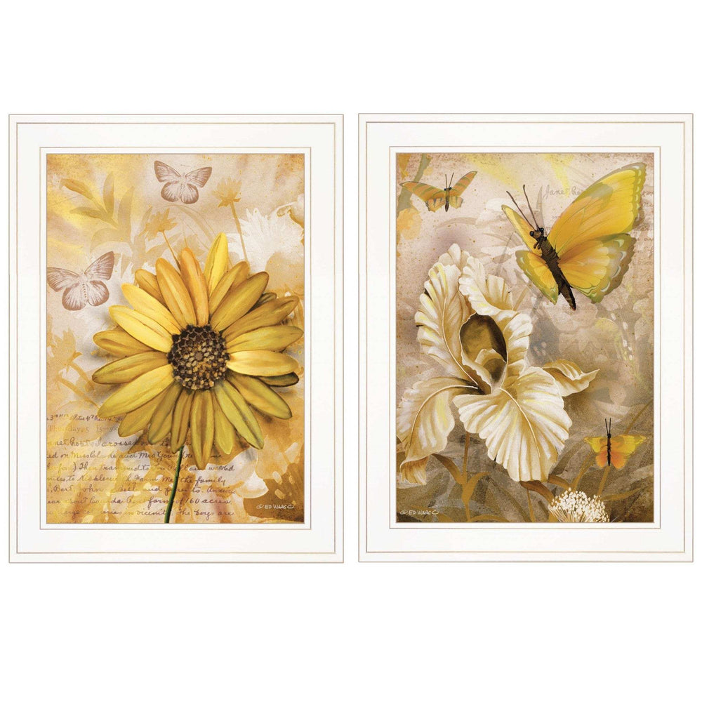 Set Of Two Yellow Flowers And Butterflies White Framed Print Wall Art - Homeroots - Flyclothing LLC
