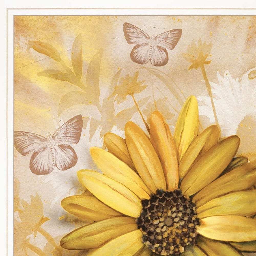 Set Of Two Yellow Flowers And Butterflies White Framed Print Wall Art - Homeroots - Flyclothing LLC