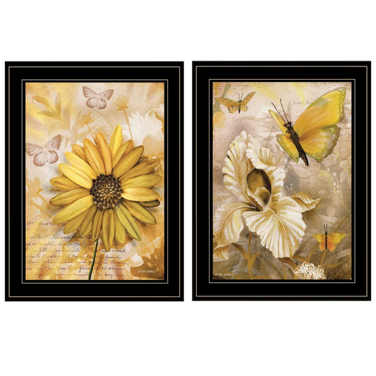 Set Of Two Flowers and Butterflies 2 Black Framed Print Wall Art - Homeroots - Flyclothing LLC