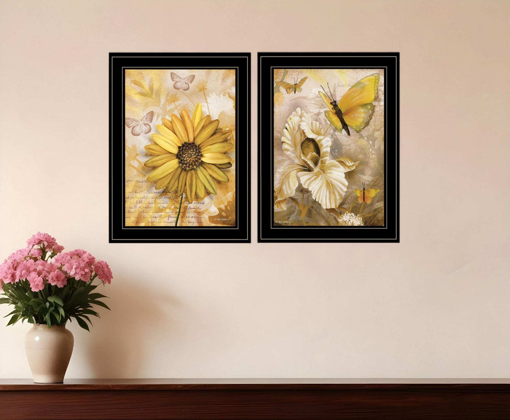 Set Of Two Flowers and Butterflies 2 Black Framed Print Wall Art - Homeroots - Flyclothing LLC