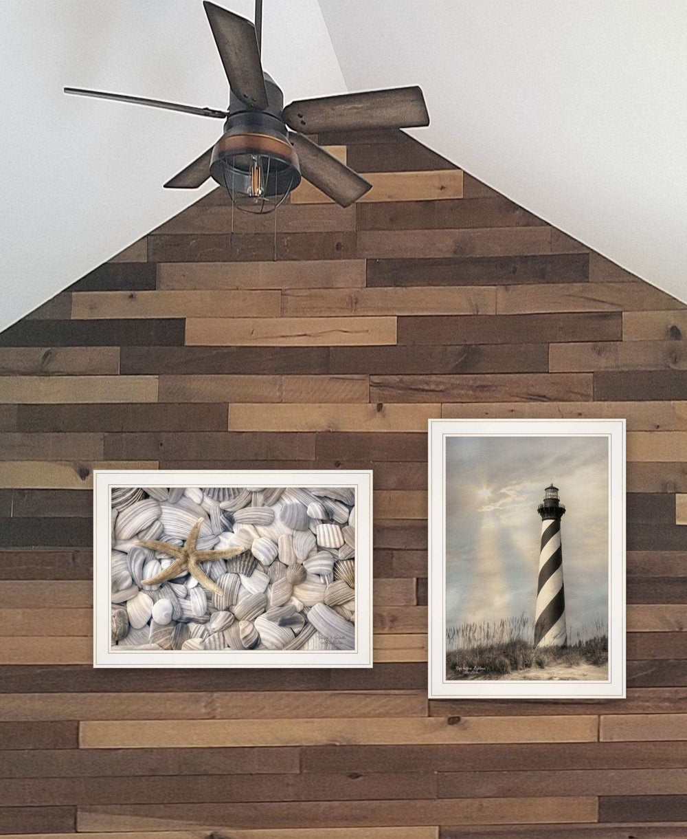Set Of Two Cape Hatteras Lighthouse and Sea Shells 3 White Framed Print Wall Art - Homeroots - Flyclothing LLC