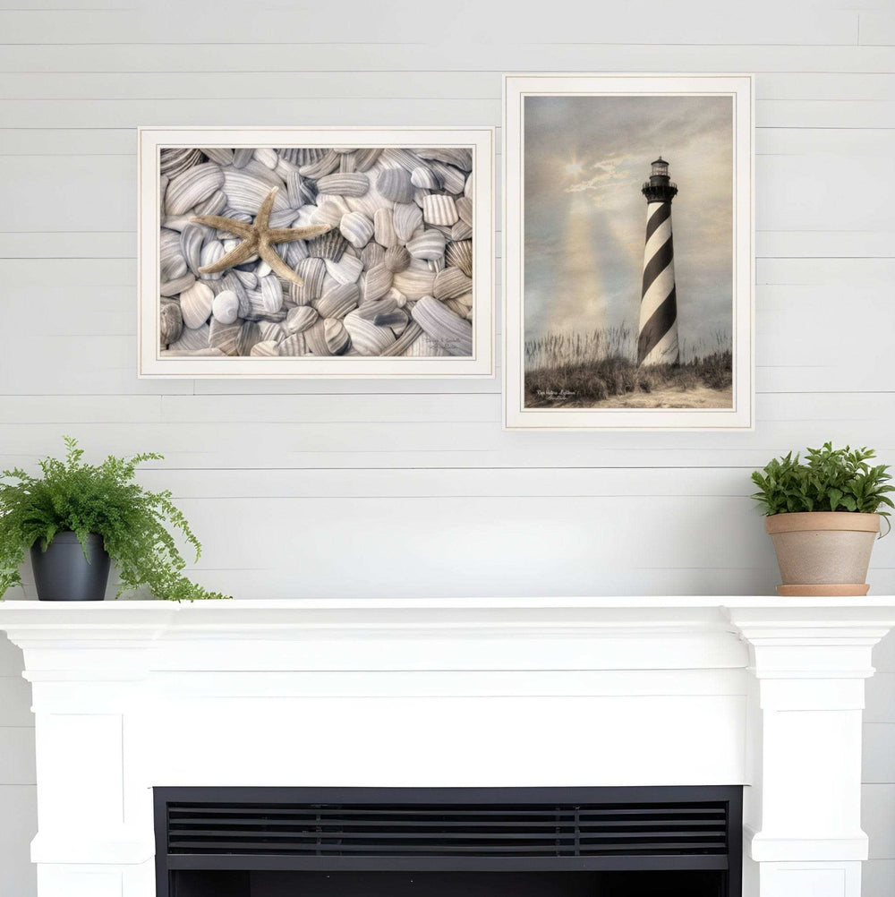 Set Of Two Cape Hatteras Lighthouse and Sea Shells 3 White Framed Print Wall Art - Homeroots - Flyclothing LLC