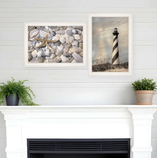 Set Of Two Cape Hatteras Lighthouse and Sea Shells 3 White Framed Print Wall Art - Homeroots - Flyclothing LLC