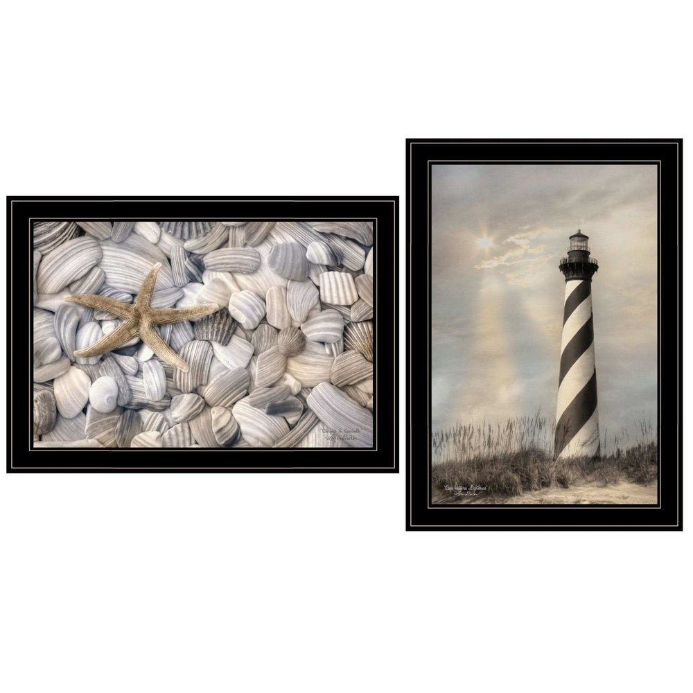 Set Of Two Cape Hatteras Lighthouse and Sea Shells 4 Black Framed Print Wall Art - Homeroots - Flyclothing LLC