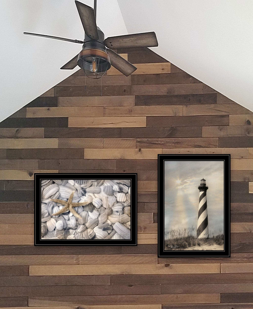 Set Of Two Cape Hatteras Lighthouse and Sea Shells 4 Black Framed Print Wall Art - Homeroots - Flyclothing LLC