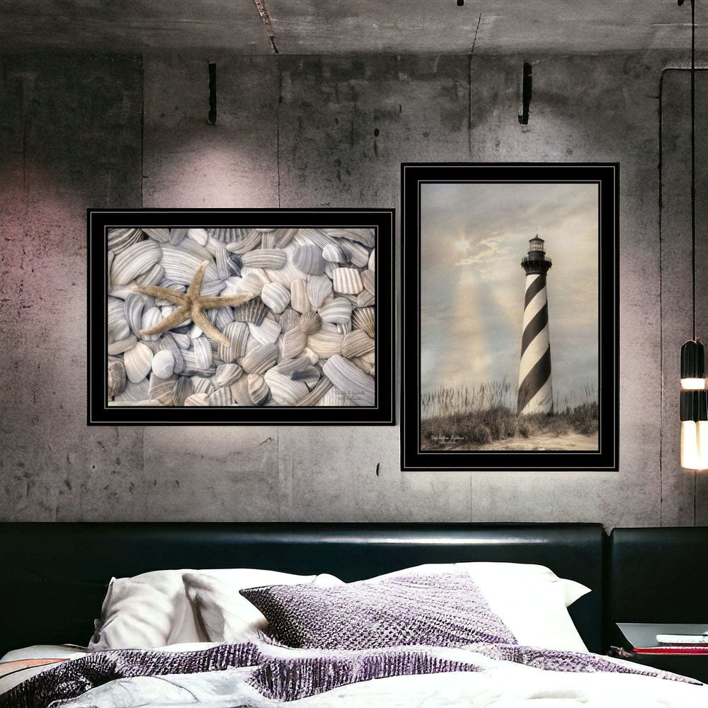 Set Of Two Cape Hatteras Lighthouse and Sea Shells 4 Black Framed Print Wall Art - Homeroots - Flyclothing LLC