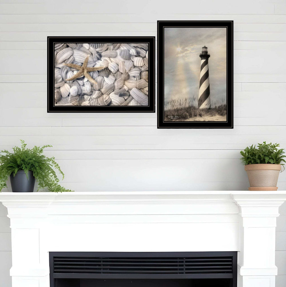 Set Of Two Cape Hatteras Lighthouse and Sea Shells 4 Black Framed Print Wall Art - Homeroots - Flyclothing LLC