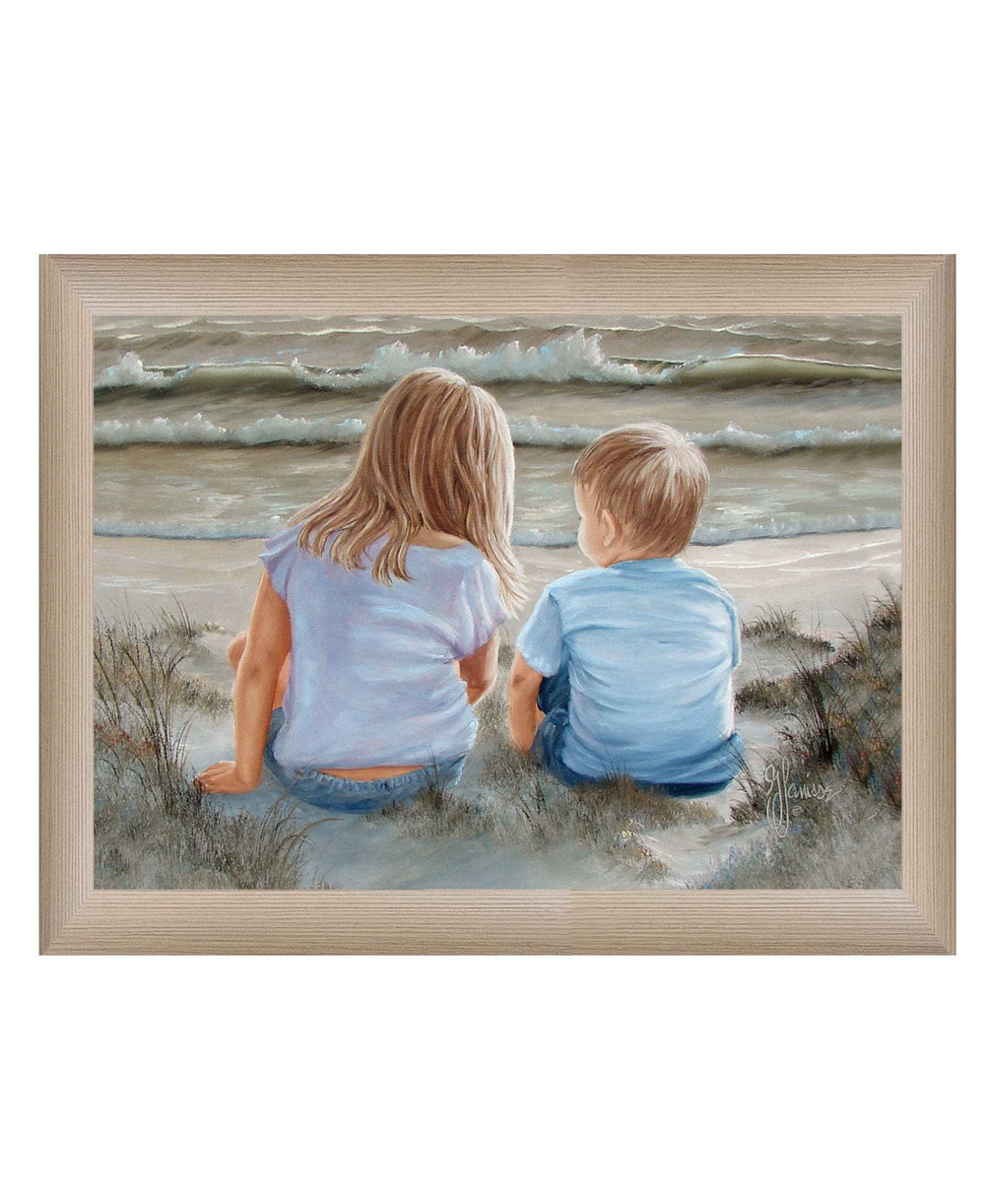 Boy and Girl Sitting in Dunes Brown Framed Print Wall Art - Homeroots - Flyclothing LLC