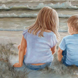 Boy and Girl Sitting in Dunes Brown Framed Print Wall Art - Homeroots - Flyclothing LLC