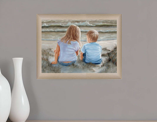 Boy and Girl Sitting in Dunes Brown Framed Print Wall Art - Homeroots - Flyclothing LLC