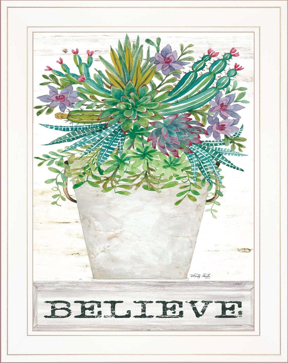 Believe Succulents White Framed Print Wall Art - Homeroots - Flyclothing LLC