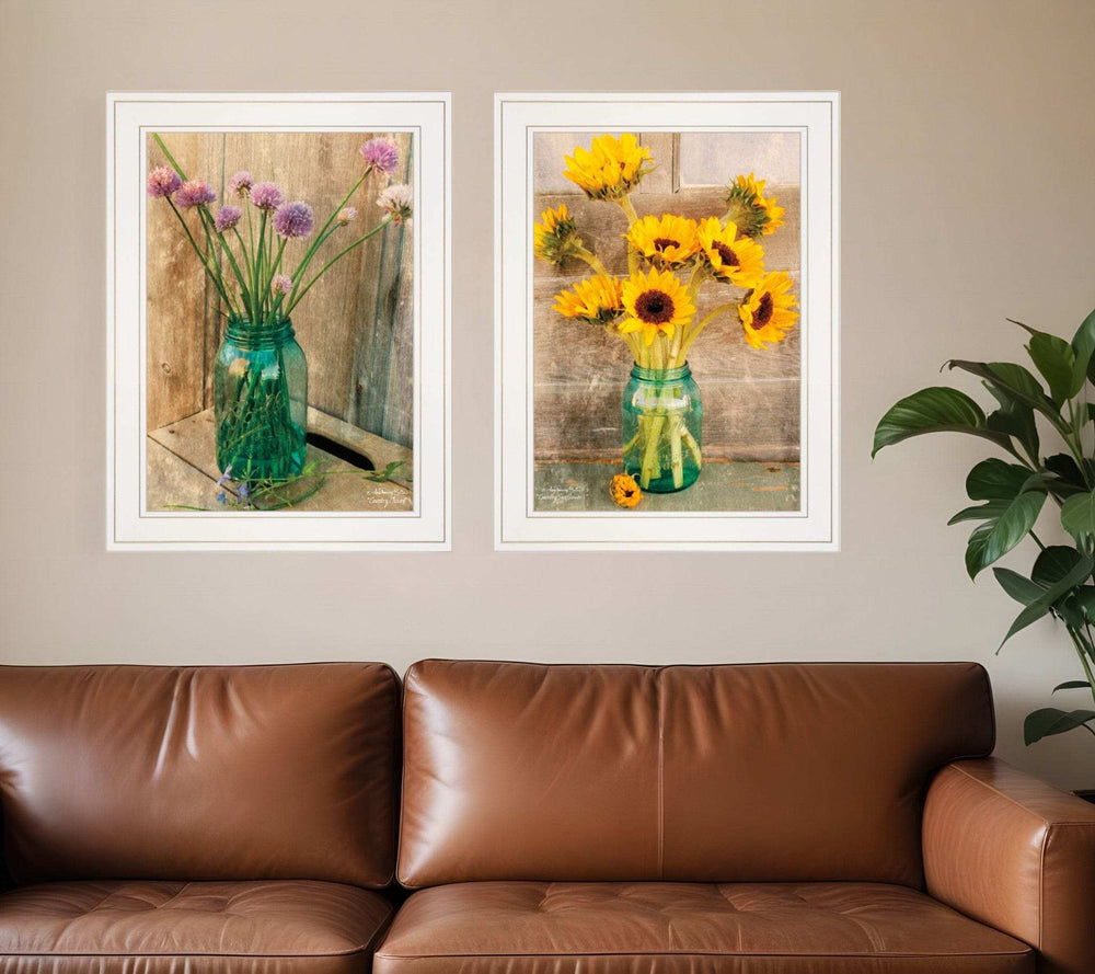 Set Of Two Country Sunflowers and Chives 1 White Framed Print Wall Art - Homeroots - Flyclothing LLC
