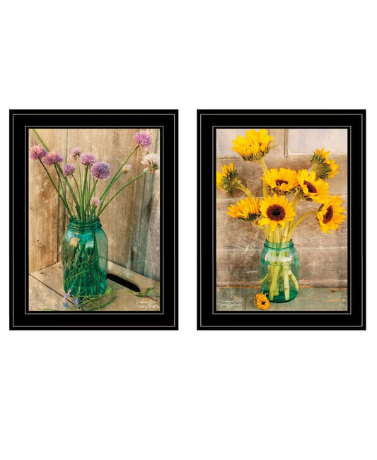 Set Of Two Country Sunflowers and Chives 2 Black Framed Print Wall Art - Homeroots - Flyclothing LLC