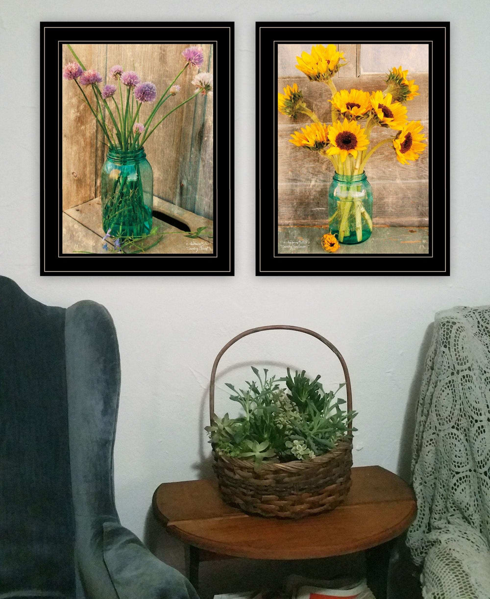Set Of Two Country Sunflowers and Chives 2 Black Framed Print Wall Art - Homeroots - Flyclothing LLC