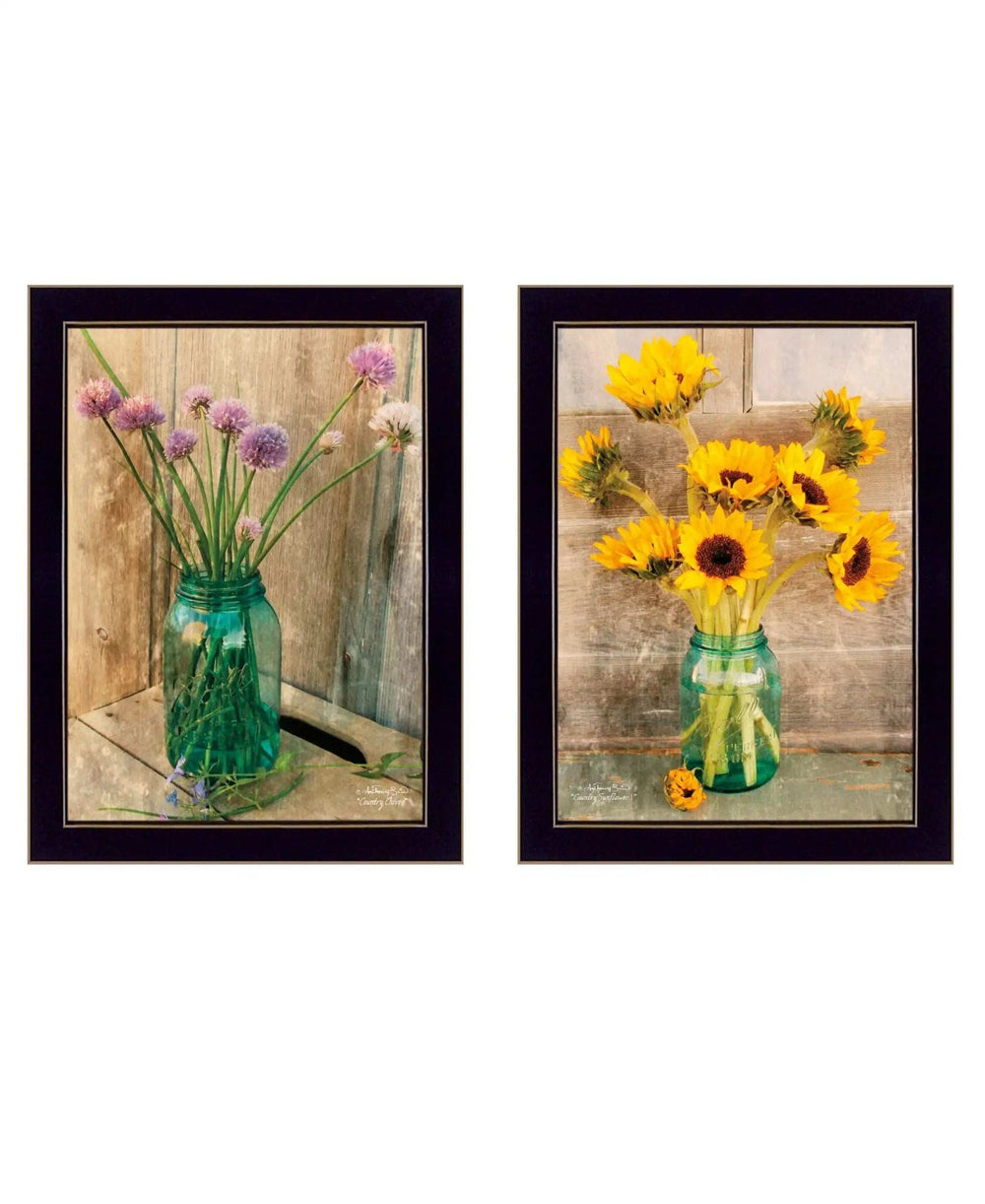 Set Of Two Country Sunflowers and Chives Black Framed Print Wall Art - Homeroots - Flyclothing LLC