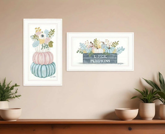 Set Of Two Floral Pumpkins 1 White Framed Print Wall Art - Homeroots - Flyclothing LLC