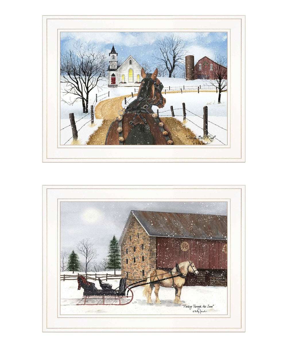 Set Of Two Sleigh Bells Ringing White Framed Print Wall Art - Homeroots - Flyclothing LLC