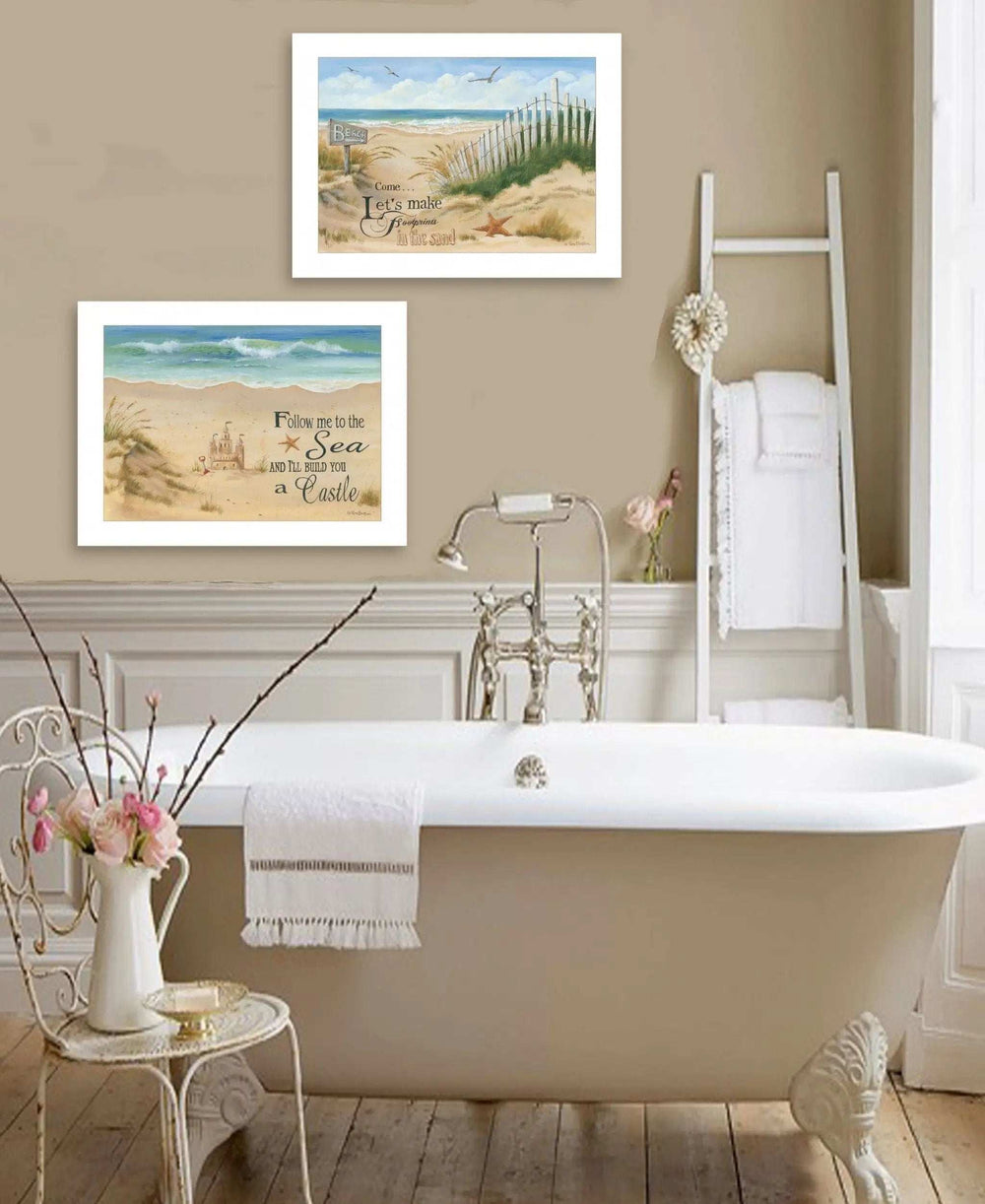 Set Of Two Sand Castle and Footprints 1 White Framed Print Wall Art - Homeroots - Flyclothing LLC