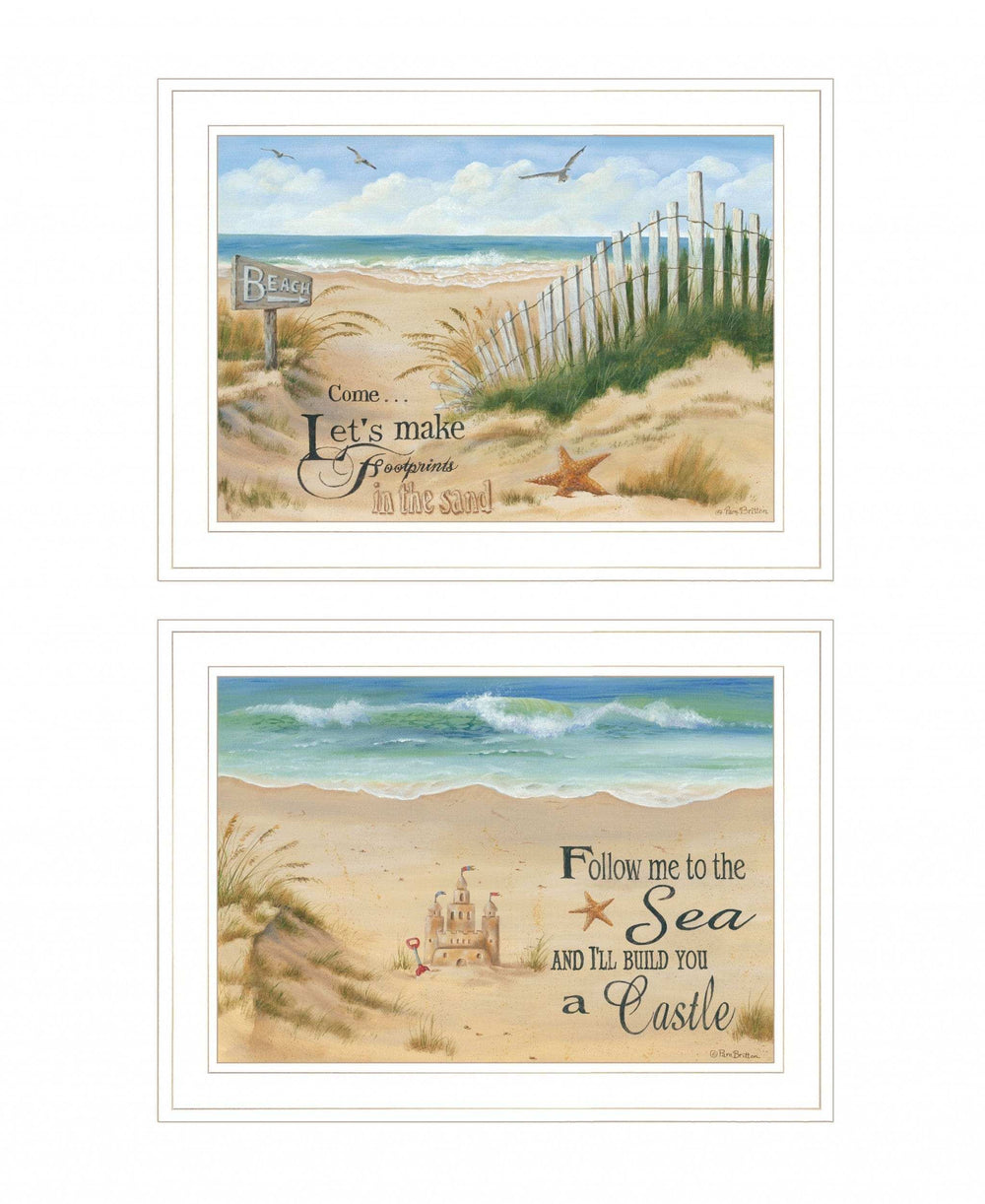 Set Of Two Sand Castle and Footprints 2 White Framed Print Wall Art - Homeroots - Flyclothing LLC
