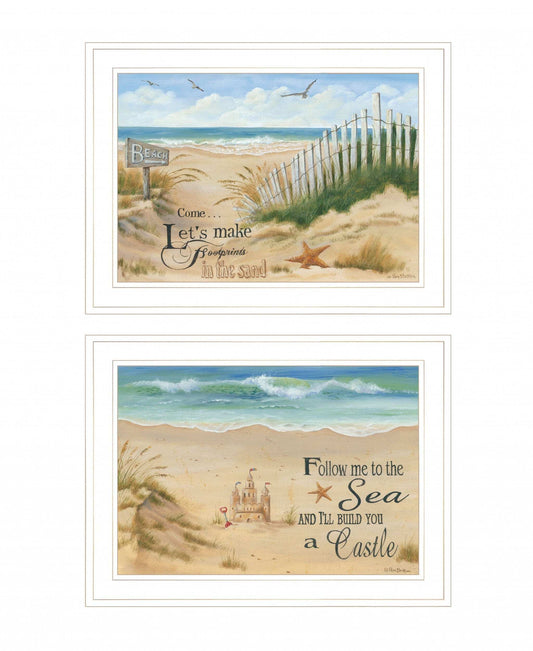 Set Of Two Sand Castle and Footprints 2 White Framed Print Wall Art - Homeroots - Flyclothing LLC
