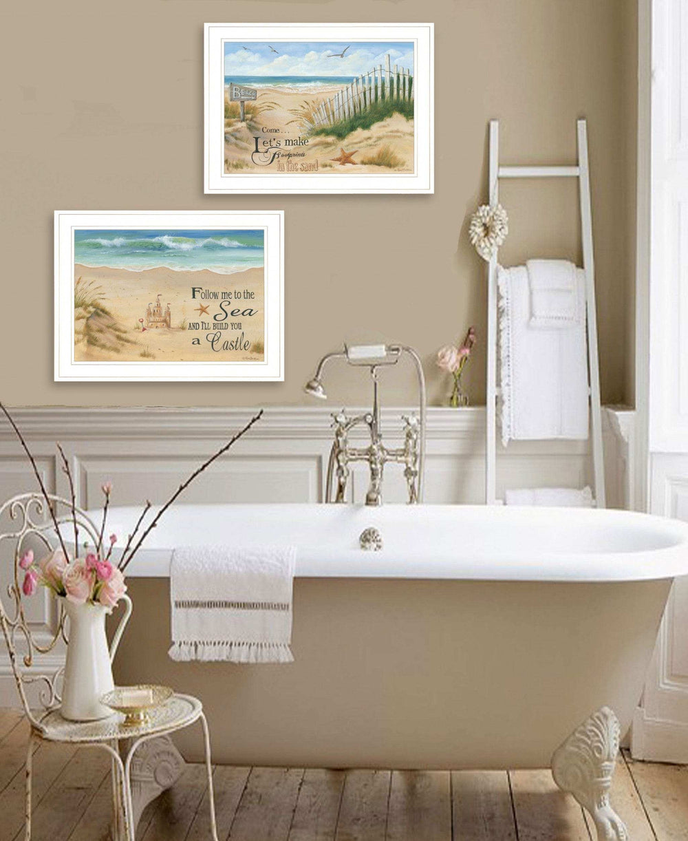 Set Of Two Sand Castle and Footprints 2 White Framed Print Wall Art - Homeroots - Flyclothing LLC