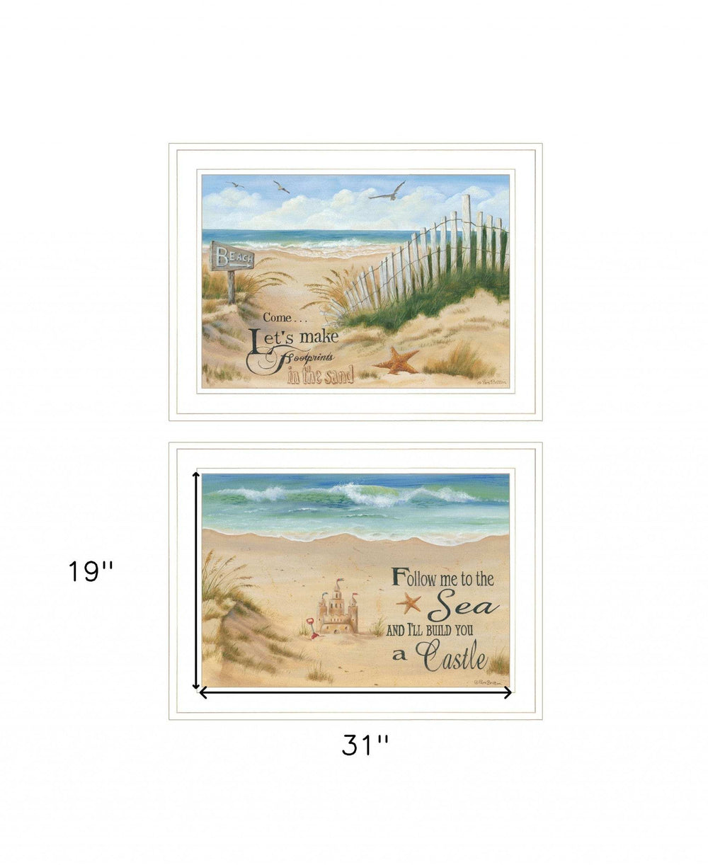 Set Of Two Sand Castle and Footprints 2 White Framed Print Wall Art - Homeroots - Flyclothing LLC