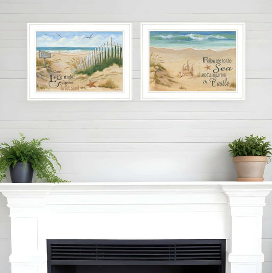 Set Of Two Sand Castle and Footprints 2 White Framed Print Wall Art - Homeroots - Flyclothing LLC