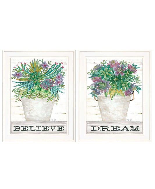 Set Of Two Succulents Dream and Believe White Framed Print Wall Art - Homeroots - Flyclothing LLC