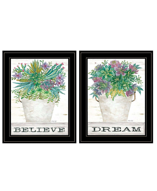 Set Of Two Succulents Dream and Believe Black Framed Print Wall Art - Homeroots - Flyclothing LLC