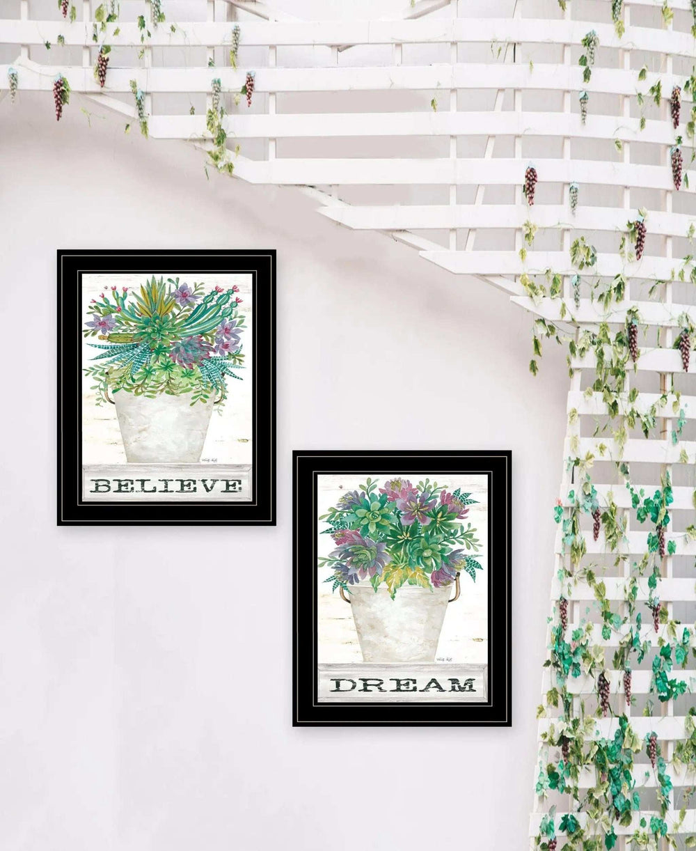 Set Of Two Succulents Dream and Believe Black Framed Print Wall Art - Homeroots - Flyclothing LLC