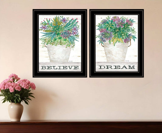 Set Of Two Succulents Dream and Believe Black Framed Print Wall Art - Homeroots - Flyclothing LLC