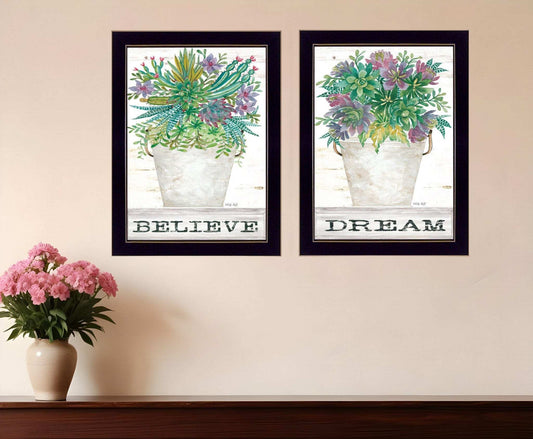 Set Of Two Succulents Dream and Believe Black Framed Print Wall Art - Homeroots - Flyclothing LLC