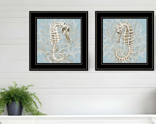 Set Of Two Coral Seahorse 1 Black Framed Print Wall Art - Homeroots - Flyclothing LLC