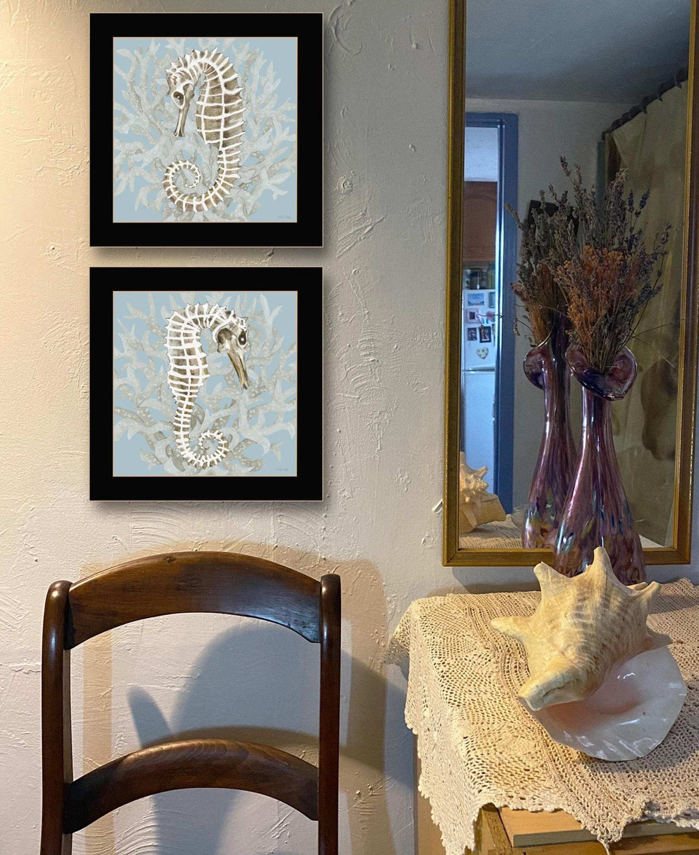 Set Of Two Coral Seahorse Black Framed Print Wall Art - Homeroots - Flyclothing LLC