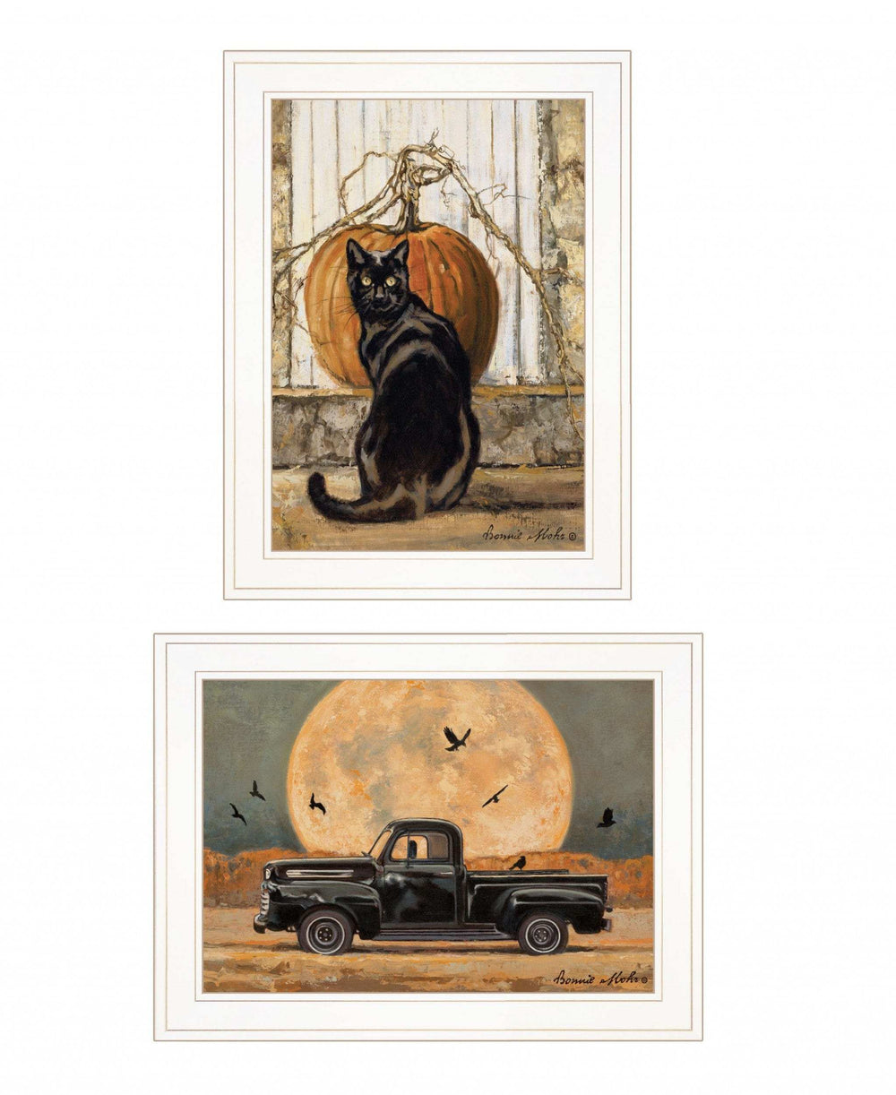Set Of Two Harvest Moon with A Black Cat and Truck 1 White Framed Print Kitchen Wall Art - Homeroots - Flyclothing LLC