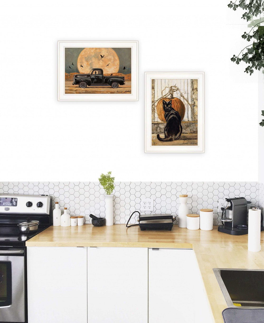 Set Of Two Harvest Moon with A Black Cat and Truck 1 White Framed Print Kitchen Wall Art - Homeroots - Flyclothing LLC